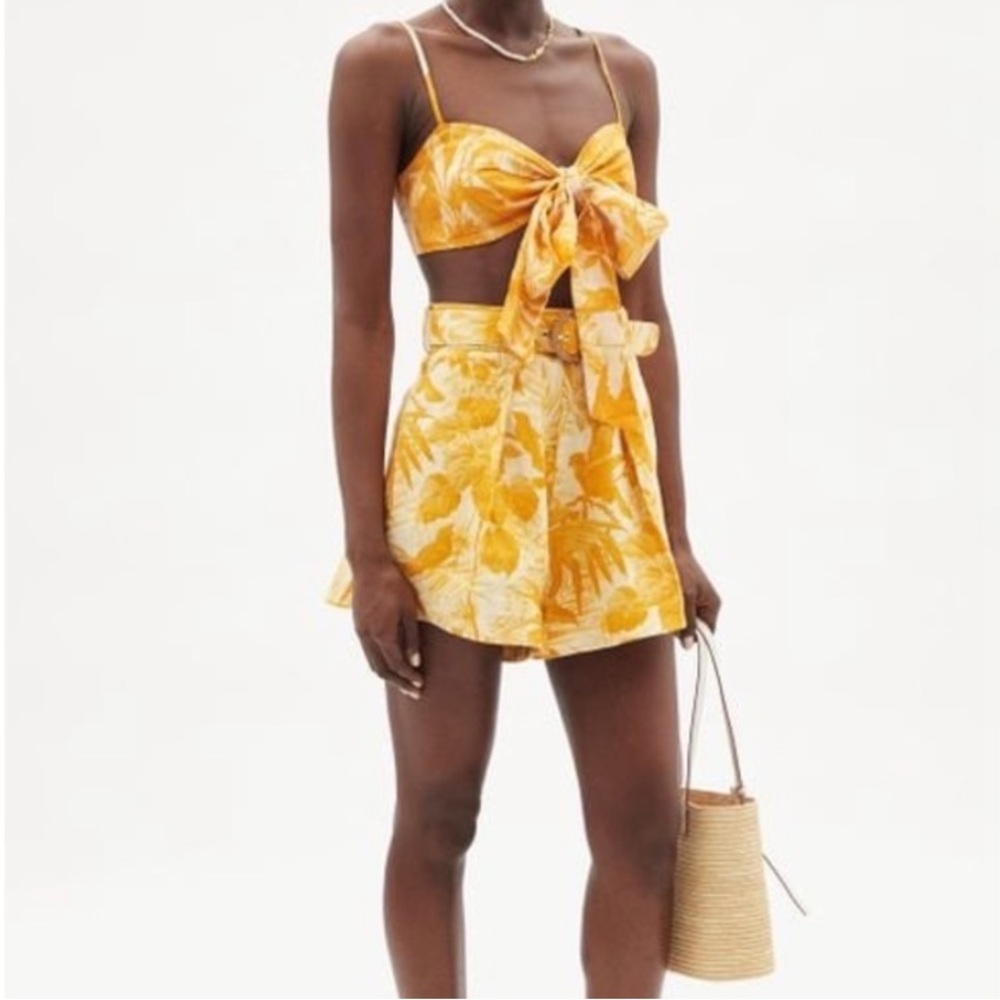Zimmermann Women's Yellow Mae Belted Palm-print Linen-voile Shorts